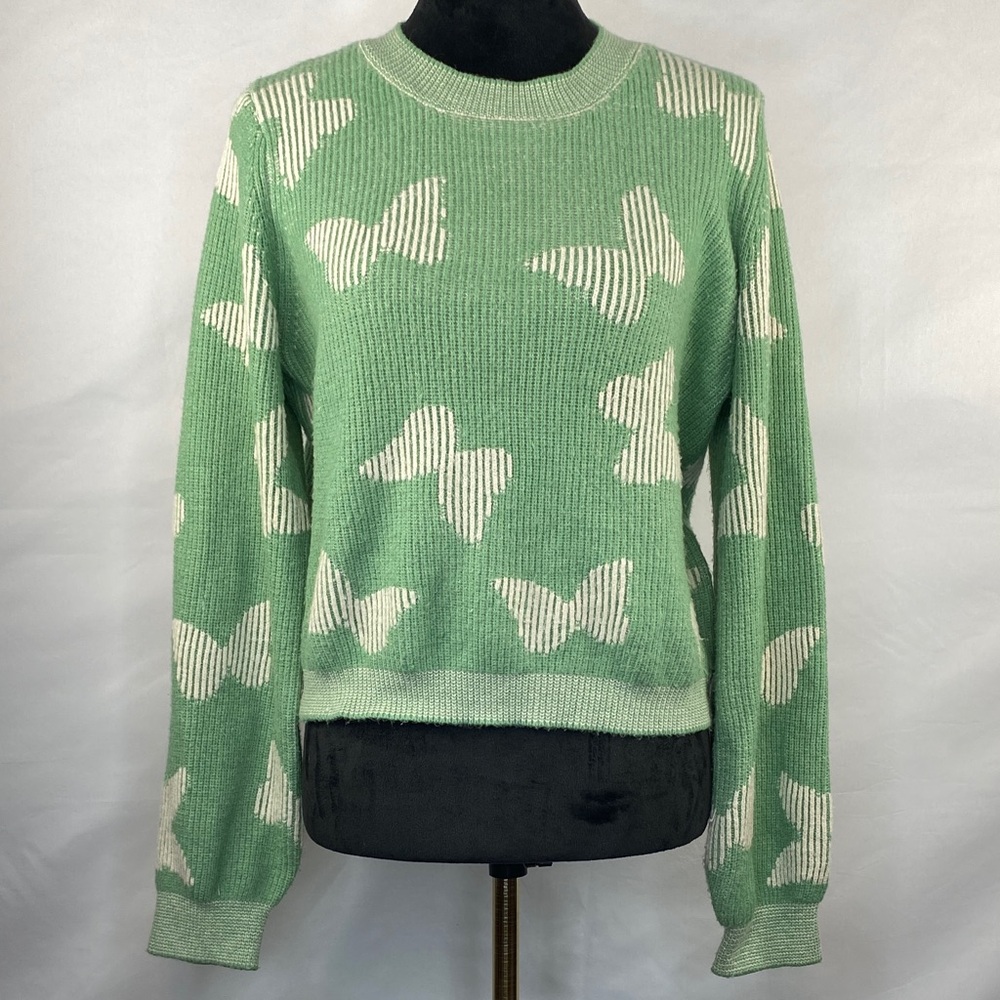 Hazel Moon Green Butterfly Ribbed Knit Sweater